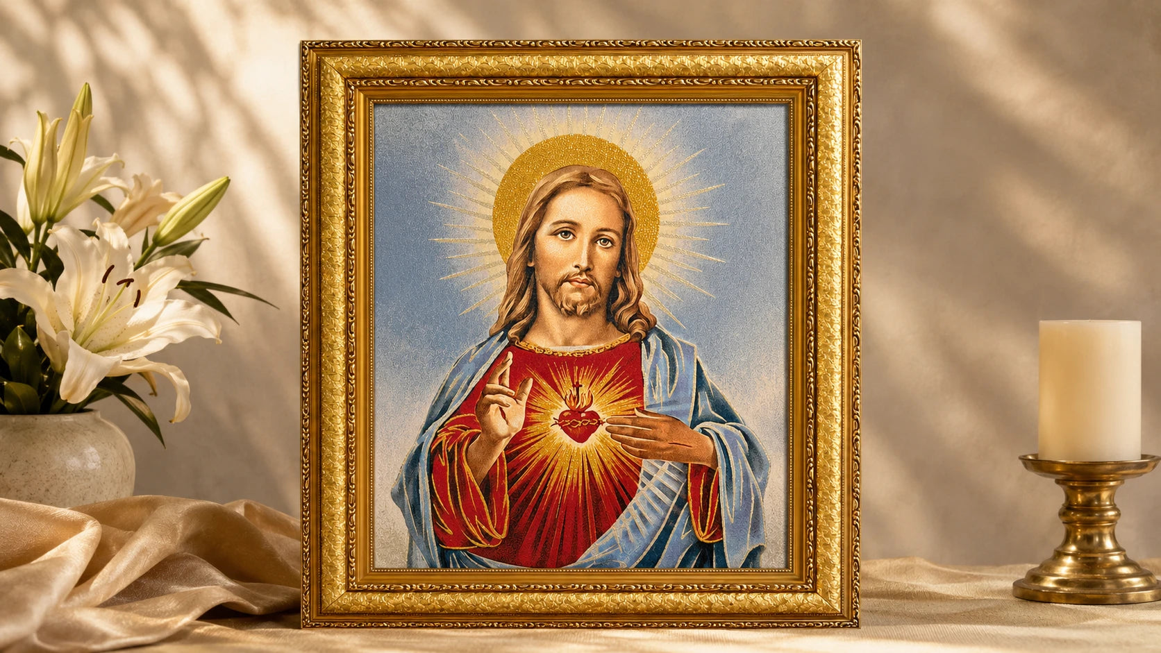 Imagen clásica del Sagrado Corazón de Jesús con acabado elegante.